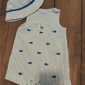 Little Me Green and Blue Striped Romper with Hat